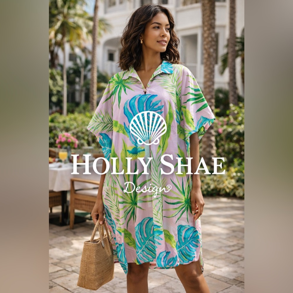 Holly Shae Tropical Caftan Tunic Dress Pink Palm Print Cotton Resort,Size M/L